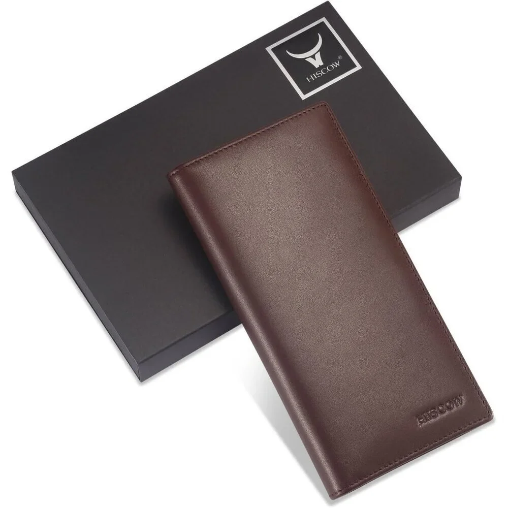 Men's Dark Coffee Full Grain Leather Long Bifold Wallet Credit Card Slots Style